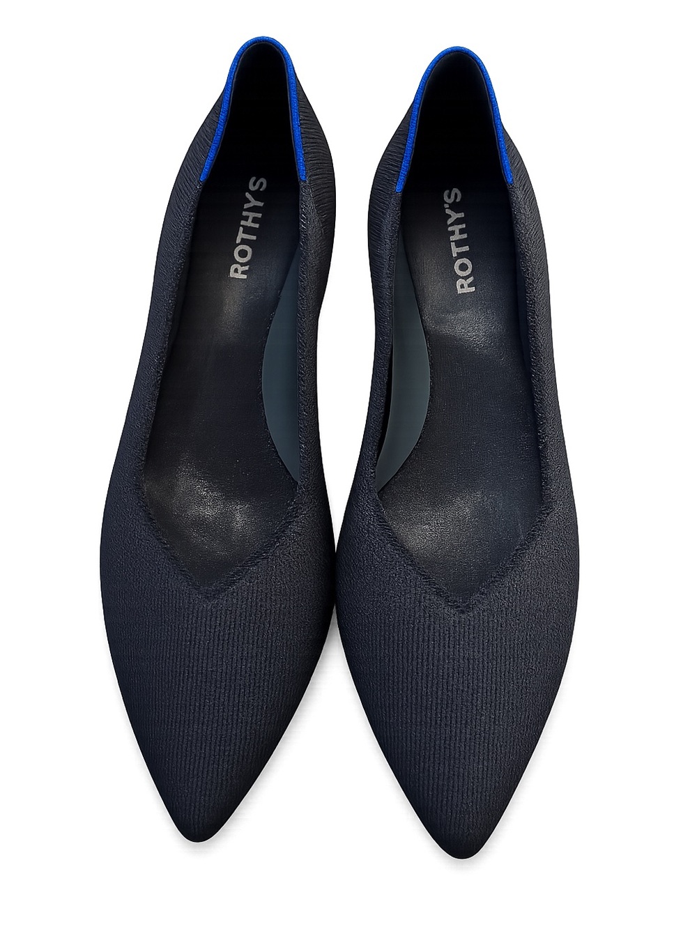Rothy's Pointed Knit Flats in Black with Blue Trim